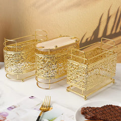 Gold Cast Iron Utensil Holder with Wooden Base (Rectangle Shaped)