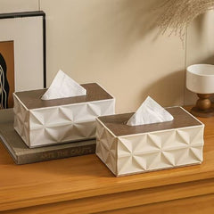 Modern Geometric Tissue Box Cover with Wooden Finish Lid