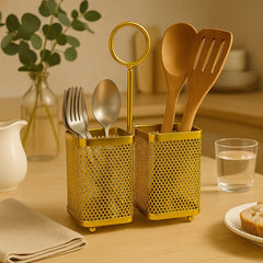 2-Section Square Stainless Steel Cutlery Organizer | Gold-Handle Kitchen Utensil Holder