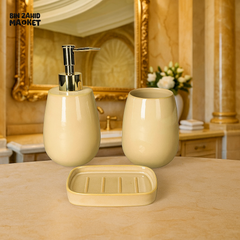 3 PIECE CERAMIC BATHROOM SET – SOAP DISPENSER TUMBLER & SOAP DISH | LUXURY VANITY DECOR - BEIGE