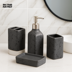 4-PIECE LUXURY CERAMIC BATHROOM ACCESSORY SET – MARBLE SPLASH DESIGN SOAP DISPENSER TOOTHBRUSH HOLDER TUMBLER & SOAP DISH - GRAY
