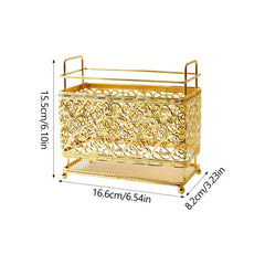 Gold Cast Iron Utensil Holder with Wooden Base (Rectangle Shaped)