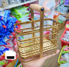 Luxury Golden Cutlery & Utensil Organizer — 3-Slot with Wooden Handle