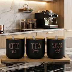 Ceramic Tea Coffee Sugar Jars Set with Tray Black