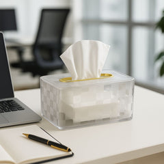Frosted Luxe Checkered Tissue Box with Gold Trim — Elegant Vanity Tissue Holder