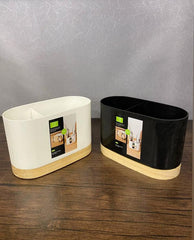 Kitchen Utensils Holder With Wooden Base-White