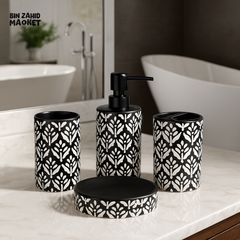BLACK & WHITE CERAMIC BATHROOM ACCESSORY SET – LUXURY PRINTED DESIGN, 4-PIECE DECOR COLLECTION