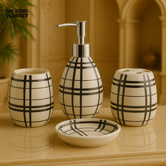 LUXURY 4-PIECE CERAMIC BATHROOM ACCESSORY SET - BLACK PLAID DESIGN WITH SOAP DISPENSER