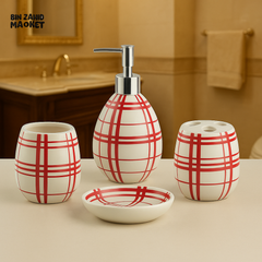 LUXURY 4-PIECE CERAMIC BATHROOM ACCESSORY SET - RED PLAID DESIGN WITH SOAP DISPENSER
