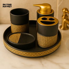 LUXURY BLACK & GOLD CERAMIC BATHROOM ACCESSORY SET – 5-PIECE DESIGNER VANITY ORGANIZER