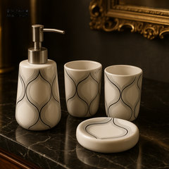 LUXURY CERAMIC BATHROOM ACCESSORY SET – 4 PIECE DESIGNER SOAP DISPENSER, TUMBLERS & DISH