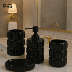 LUXURY CERAMIC BATHROOM ACCESSORY SET – SOAP DISPENSER TUMBLER TOOTHBRUSH HOLDER & TRAY - BLACK