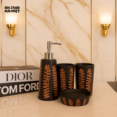 LUXURY CERAMIC BATHROOM SET - BLACK & BROWN LEAF DESIGN FOR ELEGANT WASHROOM INTERIORS