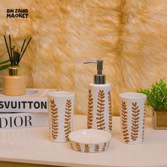 LUXURY CERAMIC BATHROOM SET – WHITE & BROWN LEAF DESIGN FOR ELEGANT WASHROOM INTERIORS