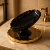 LUXURY CERAMIC SOAP DISH WITH GOLD GEOMETRIC TRIM ELEGANT BATHROOM ACCESSORY - BLACK