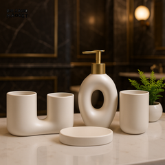 MODERN CERAMIC BATHROOM ACCESSORIES SET - WHITE WITH GOLD PUMP