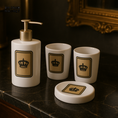 ROYAL CROWN CERAMIC BATHROOM ACCESSORY SET 4 PIECE LUXURY DISPENSER, TUMBLERS & TRAY - WHITE