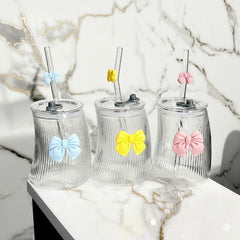 Trendy Bow-Tie Glass Tumbler with Straw 1-Pcs