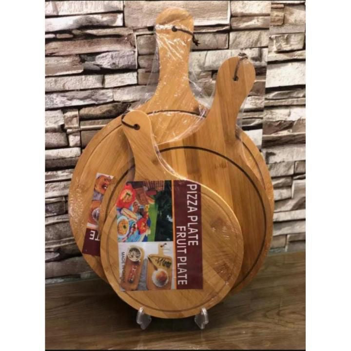 Bamboo Pizza Plate with Long Handle – Wooden Steak & Serving Platter Board