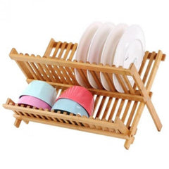 Foldable Bamboo Dish Drying Rack Holder - Wooden Flatware Dish Rack