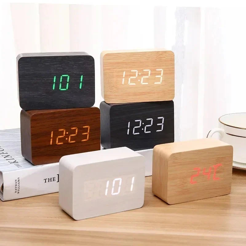 LED Wooden Digital Desk Clock – Voice & Touch Control