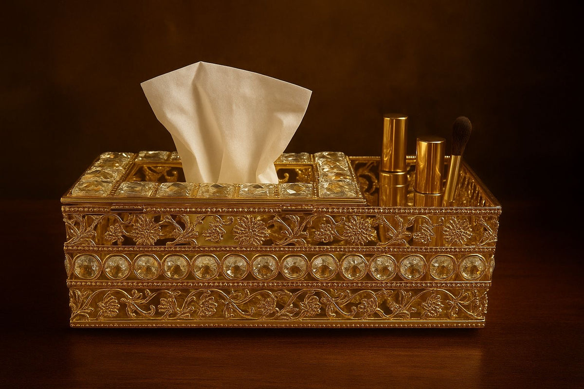 Luxury Gold Crystal Tissue Box With Multipurpose Storage Compartment