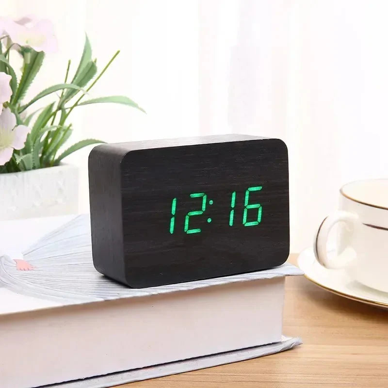 LED Wooden Digital Desk Clock – Voice & Touch Control