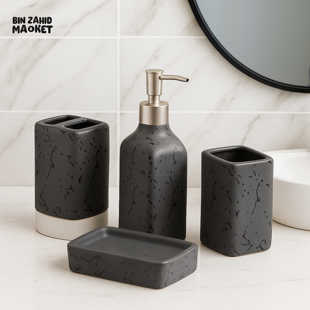 4-PIECE LUXURY CERAMIC BATHROOM ACCESSORY SET – MARBLE SPLASH DESIGN SOAP DISPENSER TOOTHBRUSH HOLDER TUMBLER & SOAP DISH - GRAY