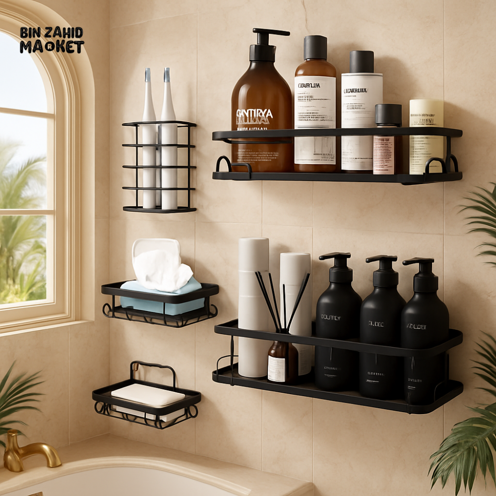 5 PIECE LUXURY BATHROOM WALL RACK SET | BLACK METAL STORAGE ORGANIZER FOR TOILETRIES & ACCESSORIES