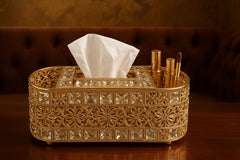 Royal Crystal Gold Tissue Box Holder & Vanity Makeup Organizer
