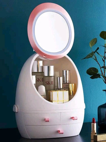 Luxury Makeup Storage Box – Oval LED Mirror & Organizer