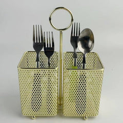 2-Section Square Stainless Steel Cutlery Organizer | Gold-Handle Kitchen Utensil Holder