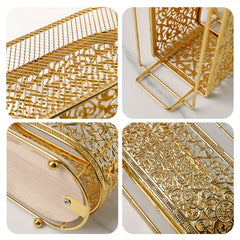 Gold Cast Iron Utensil Holder with Wooden Base (Rectangle Shaped)