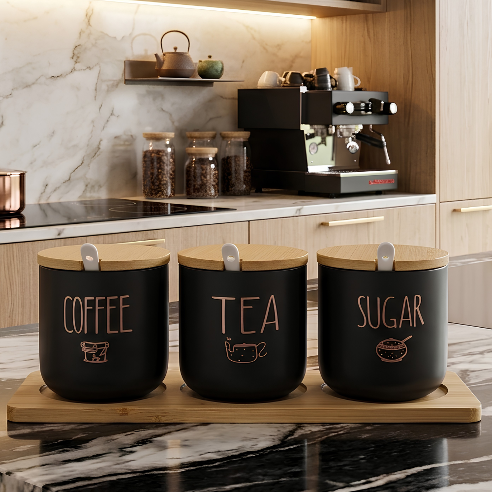 Ceramic Tea Coffee Sugar Jars Set with Tray Black