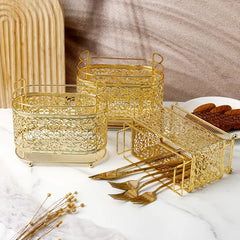 Gold Cast Iron Utensil Holder with Wooden Base (Rectangle Shaped)