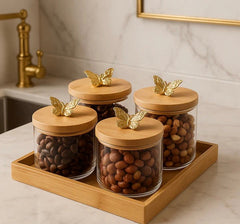 Golden Butterfly Lid Glass Jar Set with Wooden Tray – Premium Storage Containers (Set of 4)