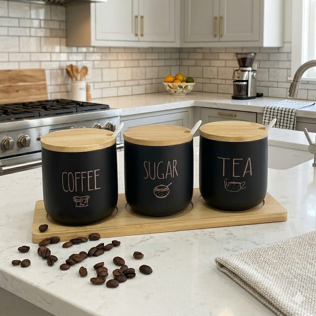 3-Piece Black Matte Coffee, Tea & Sugar Canister Set with Bamboo Lids, Spoons & Serving Tray – Farmhouse Kitchen Counter Organizer