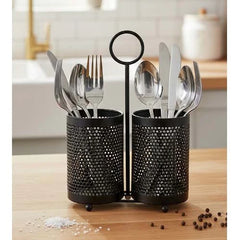 Industrial 2-Compartment Matte Black Metal Cutlery Holder
