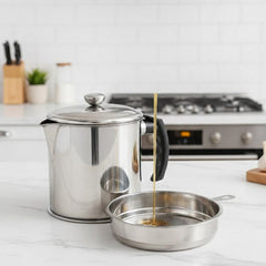 Stainless Steel Oil Filter Jug & Grease Keeper | Large Capacity Cooking Oil Storage Container with Fine Mesh Strainer
