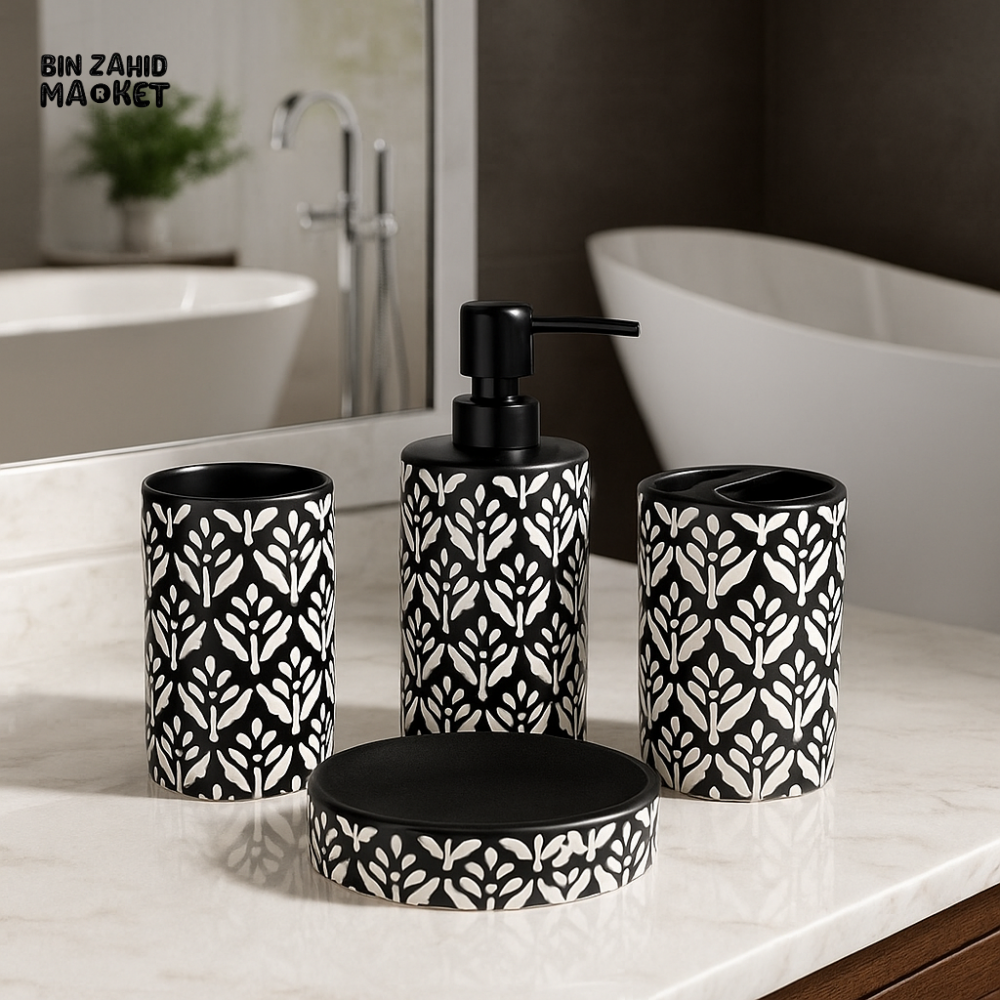 BLACK & WHITE CERAMIC BATHROOM ACCESSORY SET – LUXURY PRINTED DESIGN, 4-PIECE DECOR COLLECTION