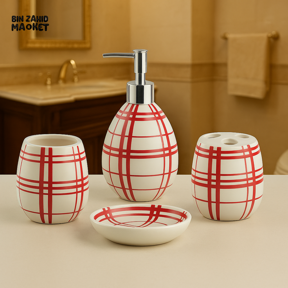 LUXURY 4-PIECE CERAMIC BATHROOM ACCESSORY SET - RED PLAID DESIGN WITH SOAP DISPENSER