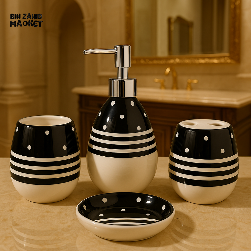 LUXURY 4-PIECE CERAMIC BATHROOM SET - BLACK & WHITE POLKA DOT DESIGN WITH SOAP DISPENSER