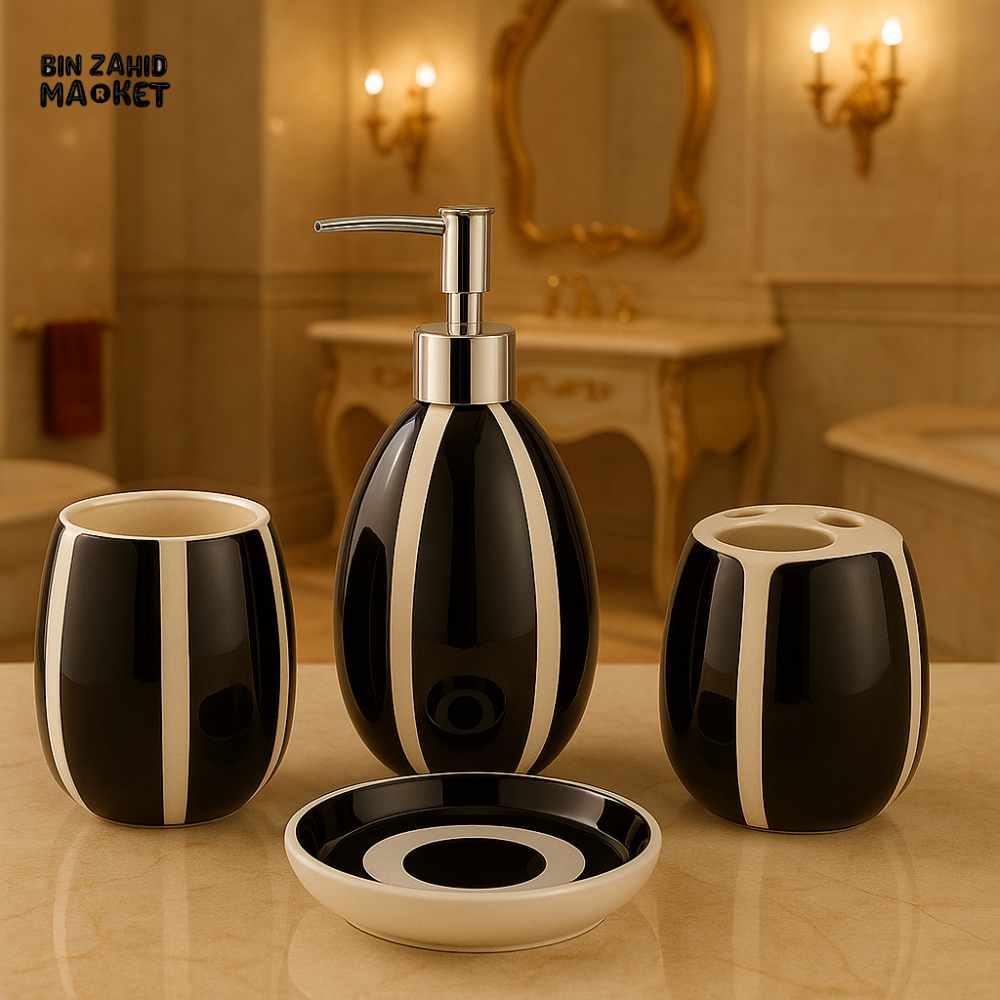 LUXURY 4-PIECE CERAMIC BATHROOM SET - BLACLK & WHITE STRIPED DESIGN WITH SOAP DISPENSER