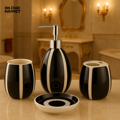 LUXURY 4-PIECE CERAMIC BATHROOM SET - BLACLK & WHITE STRIPED DESIGN WITH SOAP DISPENSER