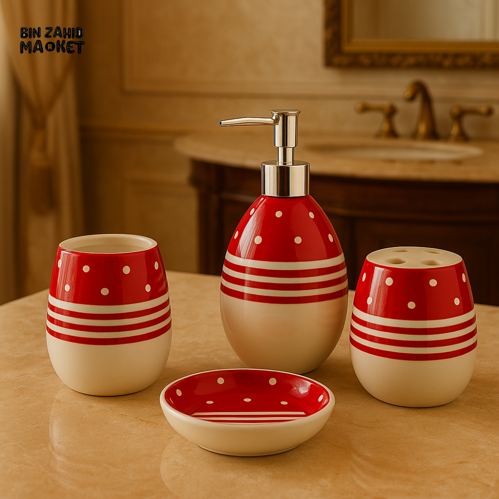LUXURY 4-PIECE CERAMIC BATHROOM SET - RED & WHITE POLKA DOT DESIGN WITH SOAP DISPENSER