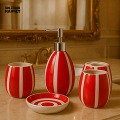 LUXURY 4-PIECE CERAMIC BATHROOM SET - RED & WHITE STRIPED DESIGN WITH SOAP DISPENSER