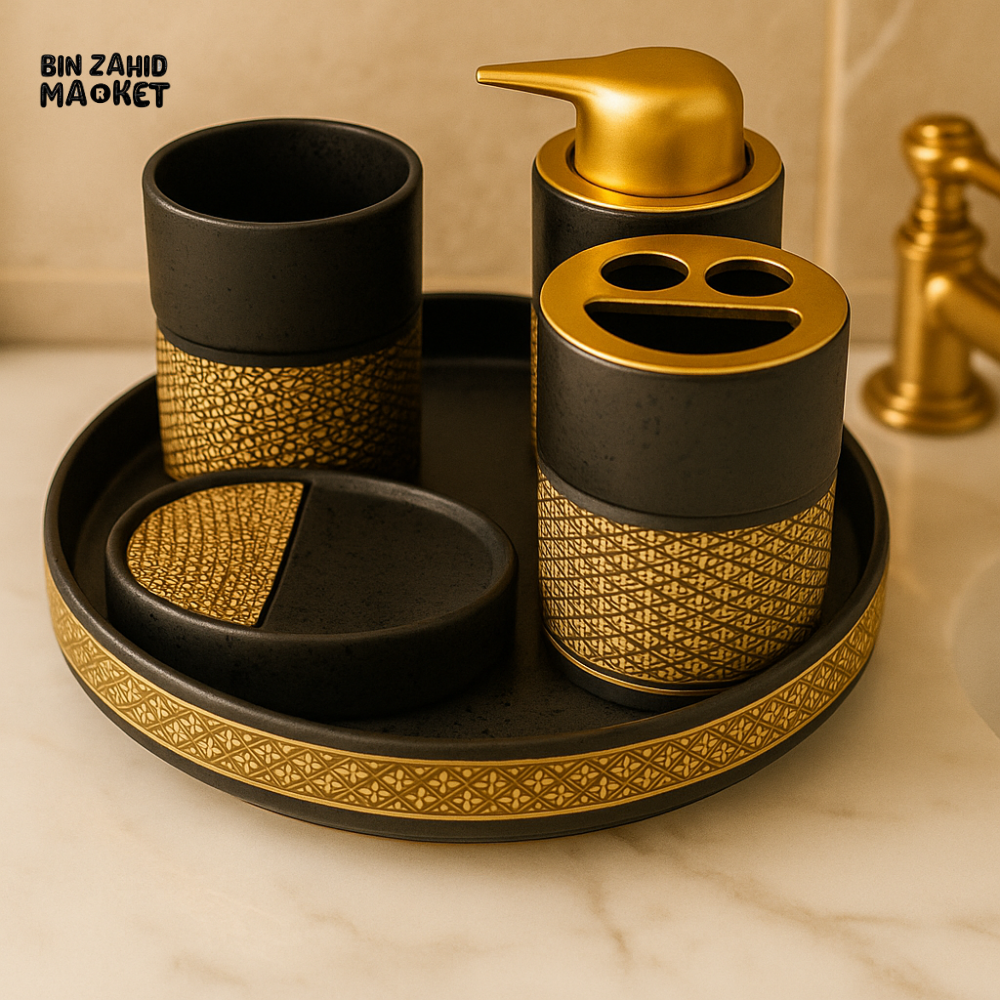 LUXURY BLACK & GOLD CERAMIC BATHROOM ACCESSORY SET – 5-PIECE DESIGNER VANITY ORGANIZER