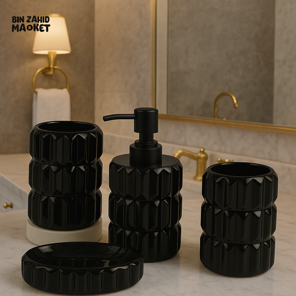 LUXURY CERAMIC BATHROOM ACCESSORY SET – SOAP DISPENSER TUMBLER TOOTHBRUSH HOLDER & TRAY - BLACK