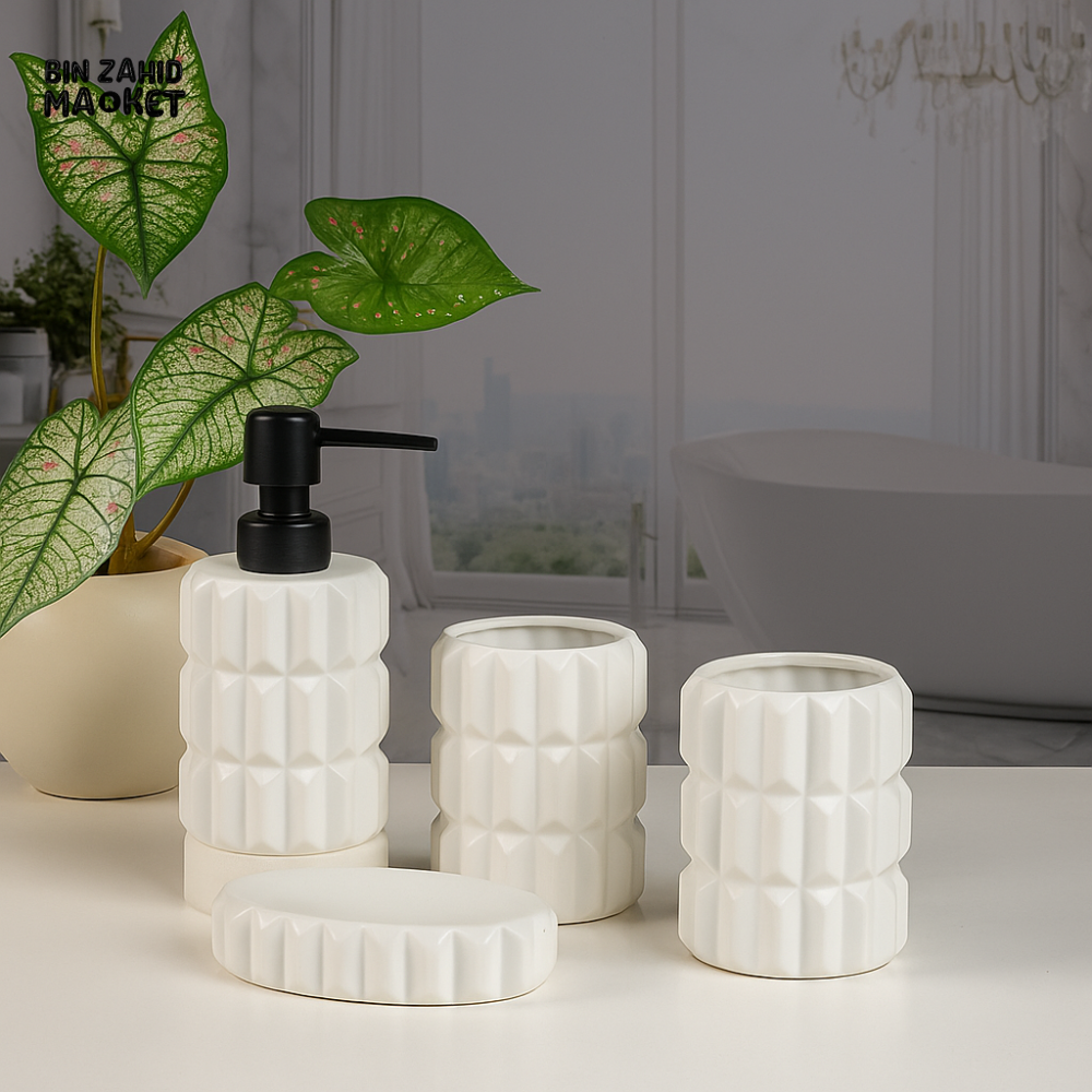 LUXURY CERAMIC BATHROOM ACCESSORY SET – SOAP DISPENSER TUMBLER TOOTHBRUSH HOLDER & TRAY - WHITE