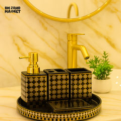 LUXURY CERAMIC BATHROOM SET - BLACK & GOLD DESIGNER ACCESSORY SET FOR PREMIUM WASHROOM INTERIORS